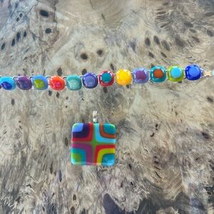 Jewelry set handmade with fused art glass.square pendant and adjustable bracelet
